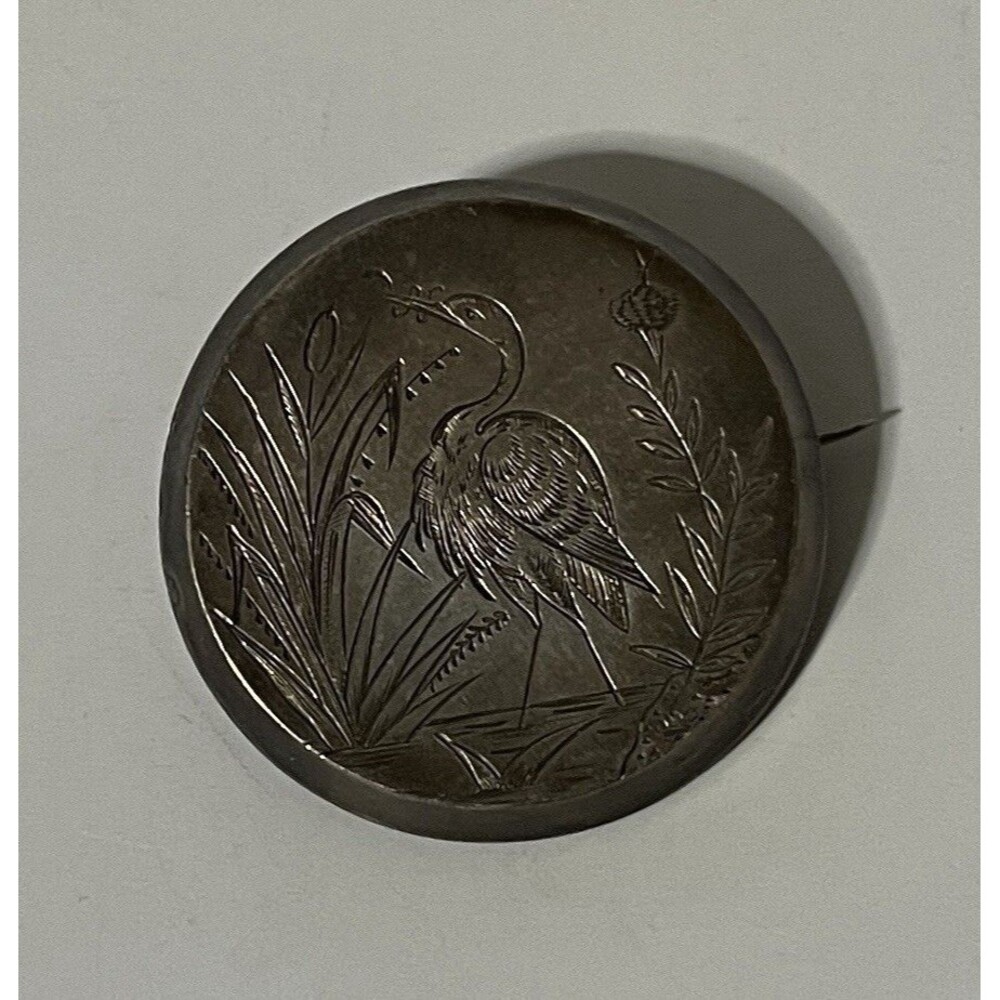 Antique Silver Tone Locket Brooch w/ Etched Crane & Photo On Back 2”